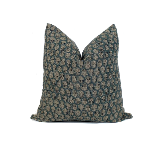 Floral Pillow Cover Cotton Linen Blend Blue Teal Brown Rustic Shabby Chic Botanical Cushion Case Sofa Throw Cozy Home Décor Valencia