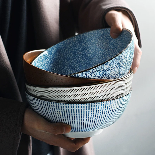 8 Inch Japanese Ramen Bowl, Ceramic Noodle Stripe Design Large Soup Restaurant Household Retro Dinnerware