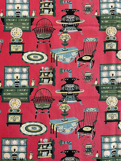 Vintage 1950S Era Colonial Print Kitchen Theme Country Woven Fabric - Jewel Stove Latern Rocking Chair Cabinets With Plates Red Green Blue