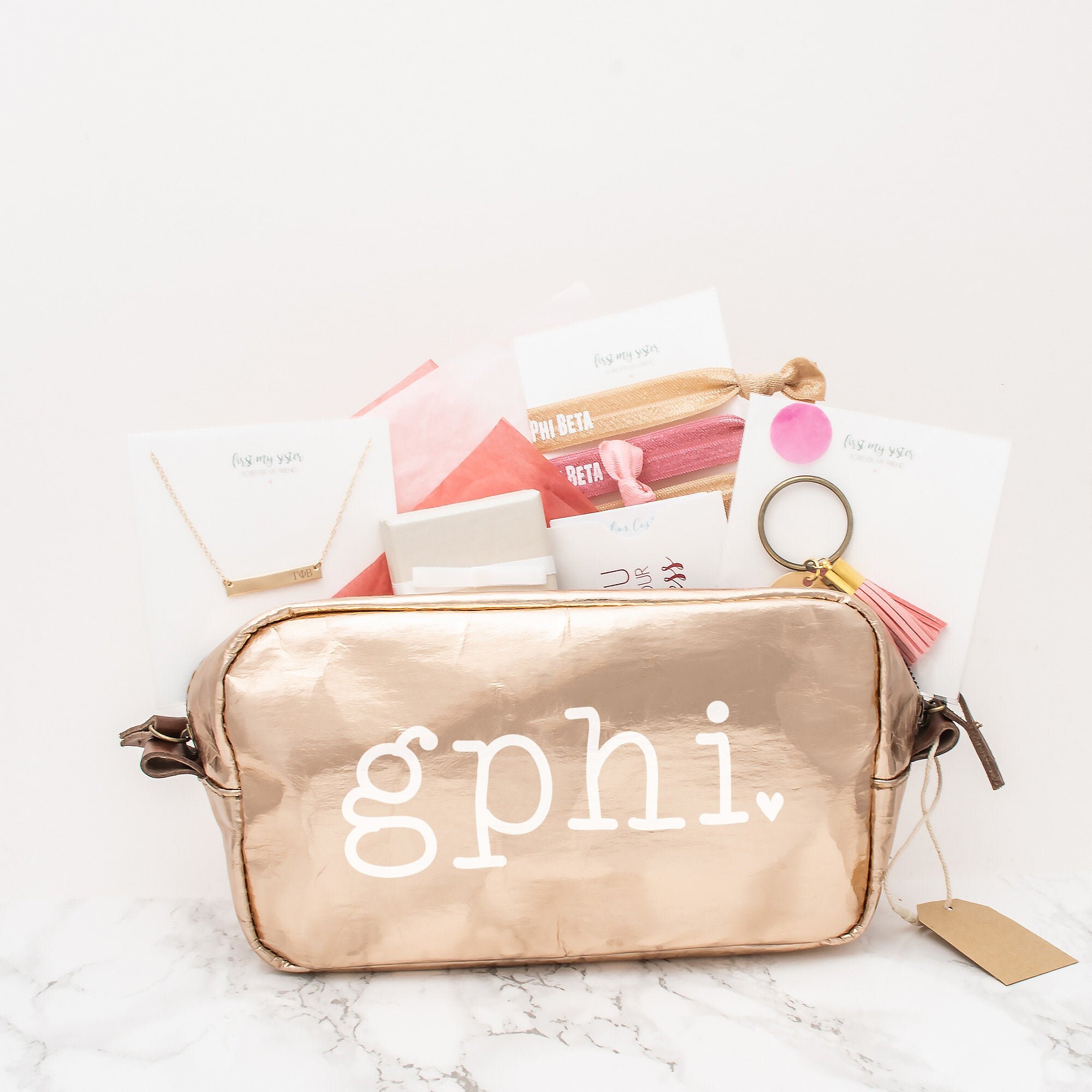 Gamma Phi Beta Gift Set, Gphi Sorority Gifts Bundle, Greek Pack With Bag, Bar Necklace, Rings, Hair Ties & Keychain