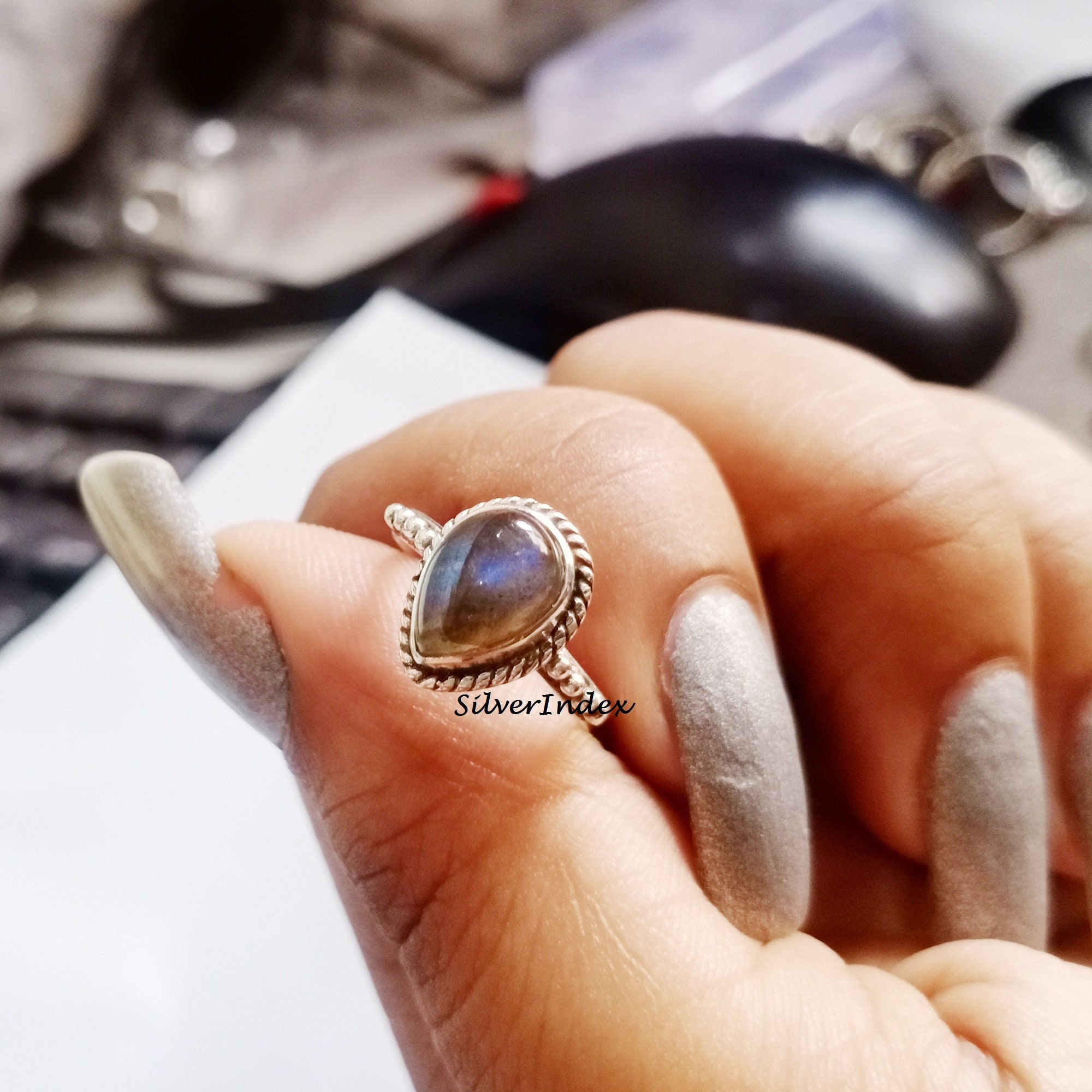 Labradorite Ring, 925 Silver Sterling Blue Stone Pear Shape Gift Handmade Women Ring