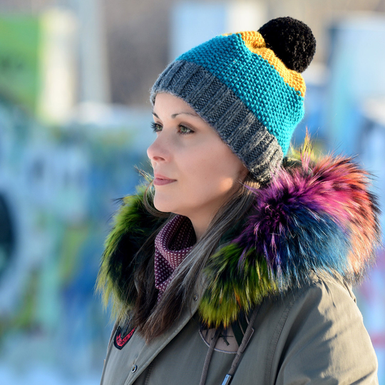 Hand Knitted Hat Chunky Wool Blue Gray Black Pom Multicolor Designer Winter Soft Head Warmer By Extravagantza