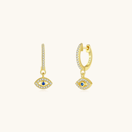 Evil Eye Dangle Drop Huggie Hoop Cz Earrings, Rhodium & Gold Plated Sterling Silver Hypoallergenic For Sensitive Ear, Protection Jewelry
