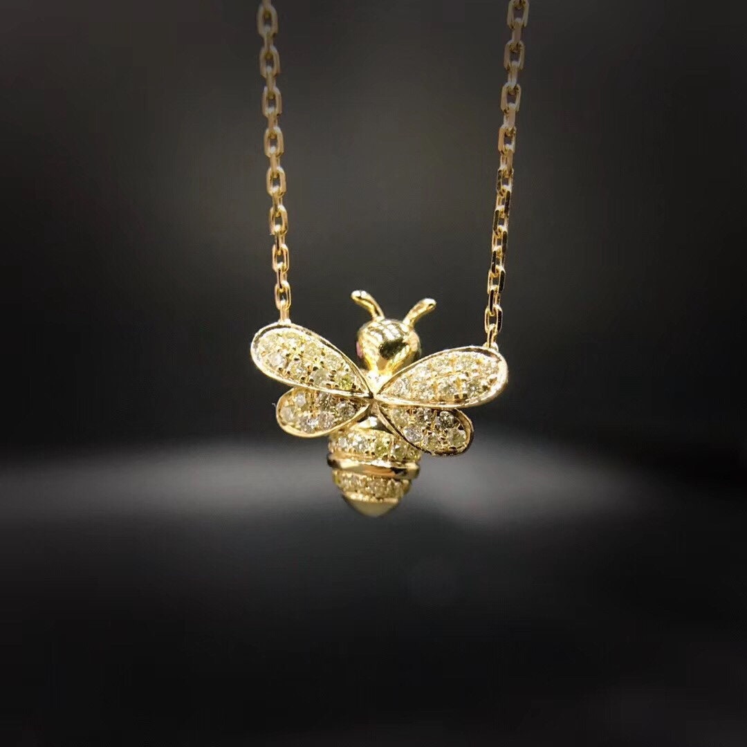 Diamond Bee Pendant Necklace in Solid 18K Gold/Flying Charm/Custom Fine Jewelry/Personalization Design/Gift For Women & Girls