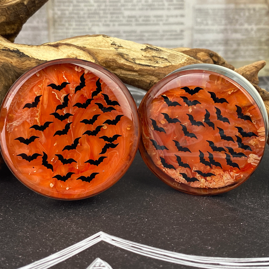 Pair Of Flying Bats Over Orange Swirl Plugs | Emb-007 5/8, 3/4, 7/8, 1 Inch, 28mm, 32mm, 35mm, 38mm, 42mm, 45mm, 47mm, 50mm