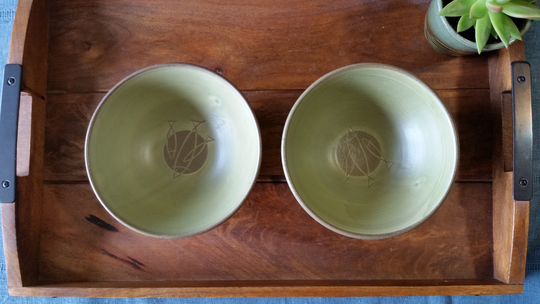 Wheel-Thrown, Rustic Olive Green Ramen Noodle Soup Bowl Noodle, Pasta Bowl, Salad With Fish Carving, Set Of 2 - Ready To Ship