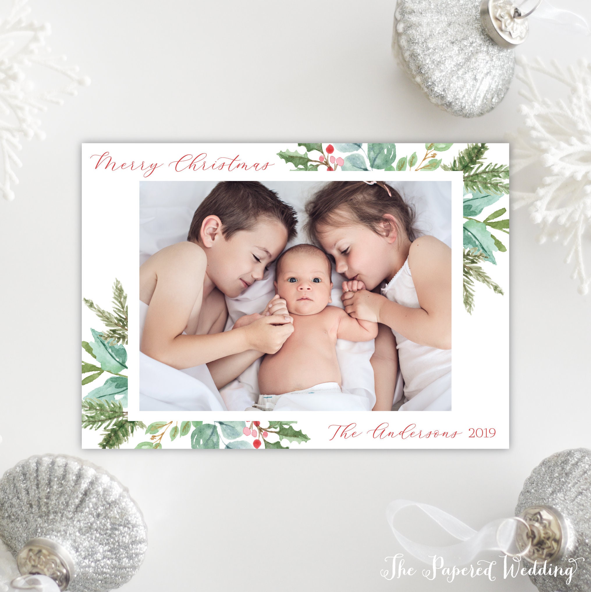 Printable Or Printed Picture Christmas Cards With Greenery & Red Berries - Landscape Photo Holiday Cards, Watercolor Leaves 090 P1