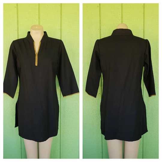 Vintage India Style Tunic By Fabindia | Black Wool Blend With Gold Accents Long Ethnic M/L