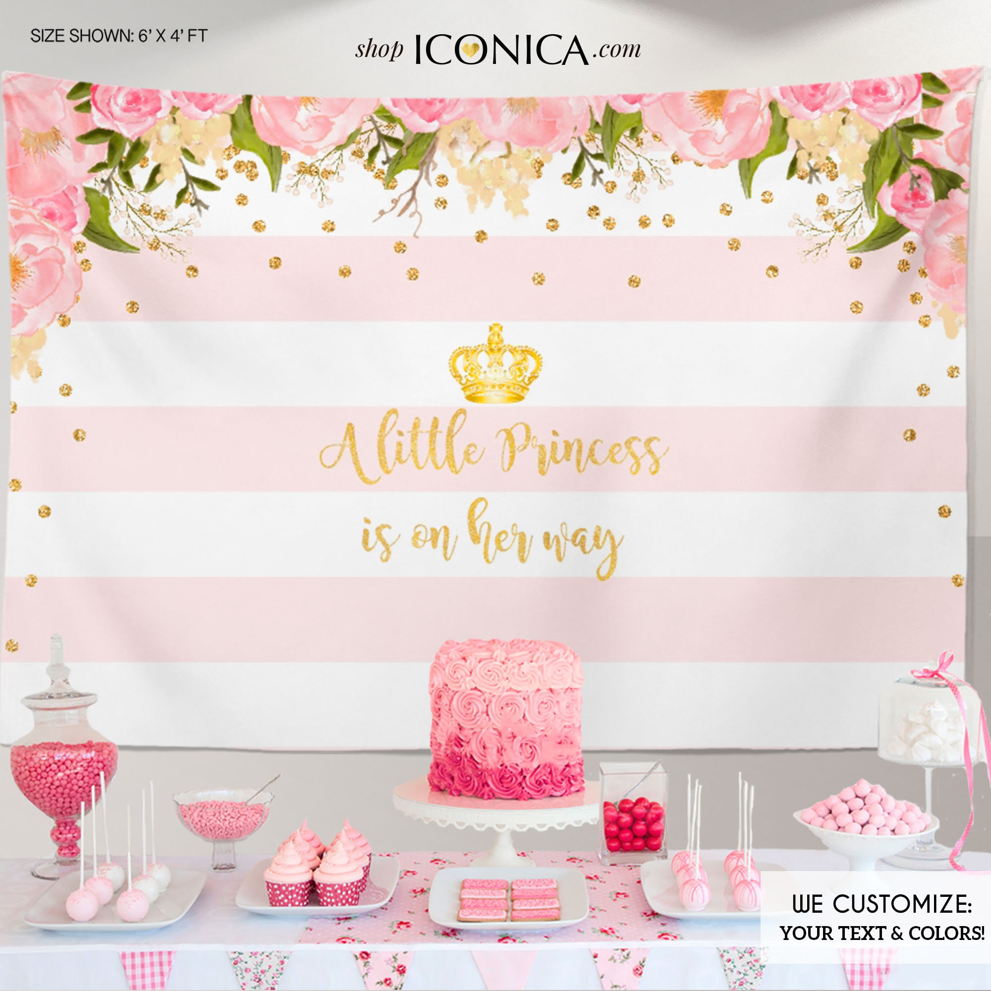 Floral Baby Shower Backdrop, Gold & Pink, Dessert Table Banner, Any Event, Watercolor Flowers, Garden Shower, Printed Or Printable Bbs0007