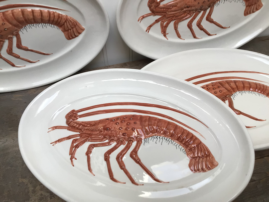 Gorgeous Italian Vintage Heavy Pottery Hand Painted Lobster Serving Plates Or Platters Set Of Four