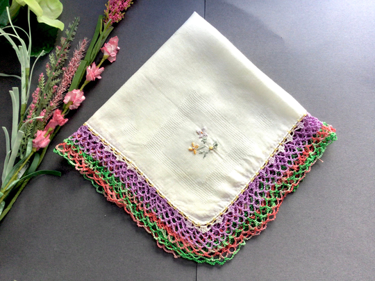 Vintage Handkerchief With Embroidery & Tatting, Hankie, Flower Accessories, Floral For Woman