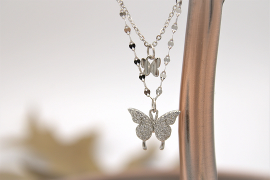 Layered Silver Butterfly Pendant Necklace, 925 Sterling Silver, Necklace Handmade Summer Jewelry Gift