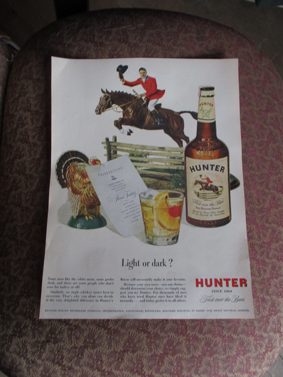 Reduced Vtg 1940's Hunter Blended Whiskey 2 Sided Magazine Thanksgiving Dinner Menu Liquor Advertisement Ad, 9.75" X 13", Very Good Cond
