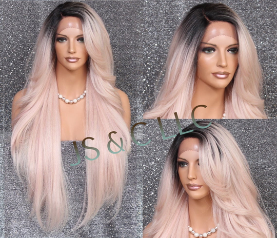 40" Extra Long Human Hair Blend Full Lace Front Wig Romantic Straight & Bangs Rosegold Pink Natural Mono Side Part Heat Safe