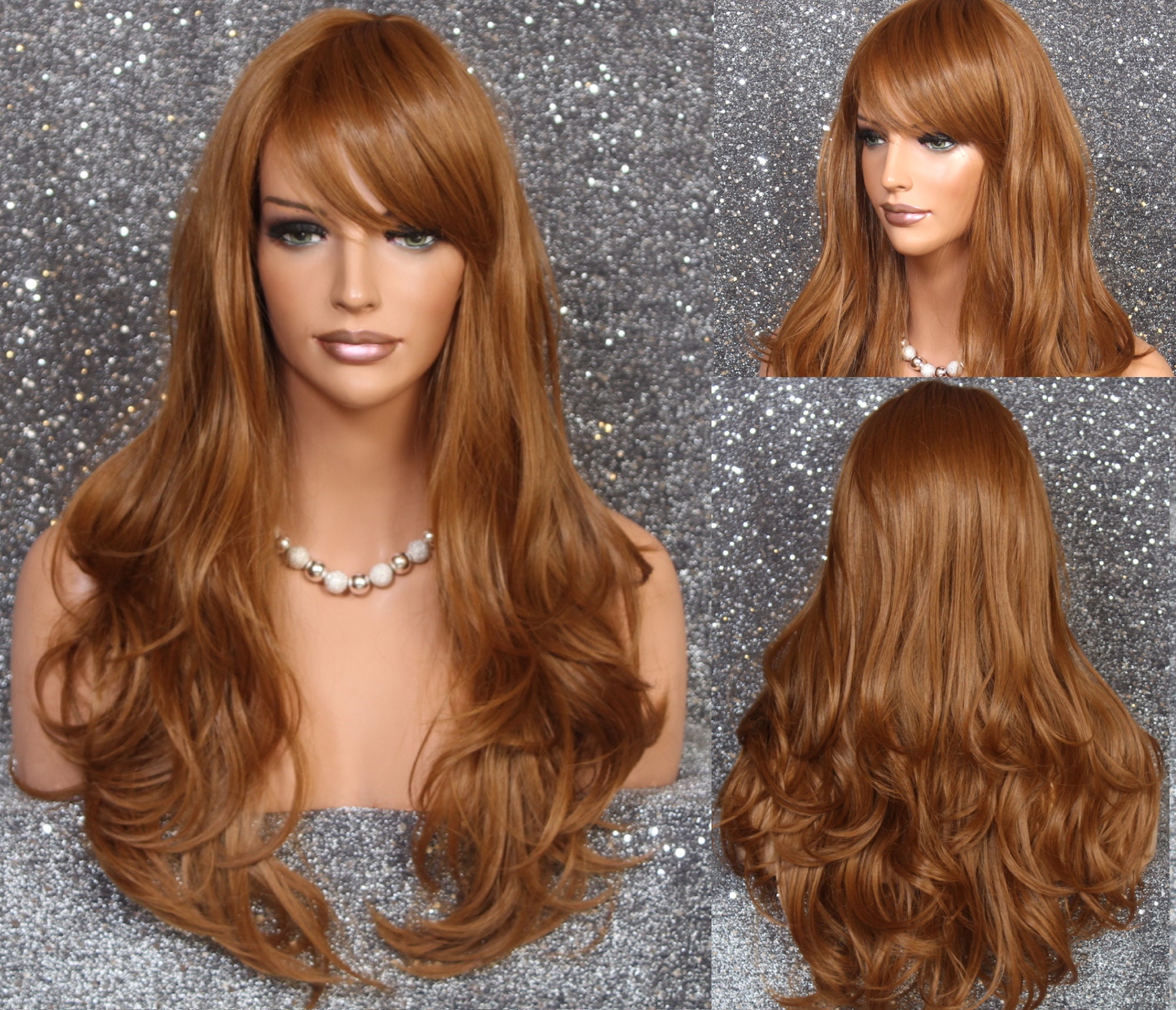 Stunning Human Hair Blend Wig Strawberry Blonde Long Layered Wavy Full Heat Resistant 28 Curls & Bangs Cancer/Alopecia/Cosplay