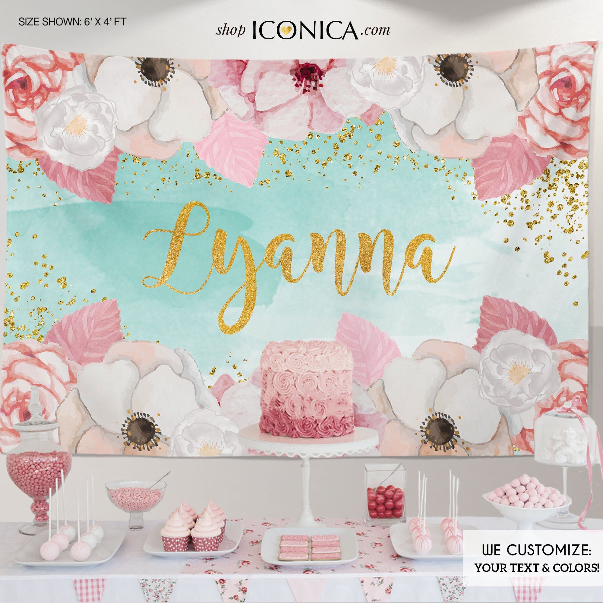 Floral Bridal Shower Backdrop, Gold Mint & Pink Dessert Table Banner Any Event Watercolor Flowers Garden Printed Or Printable File Bae0016