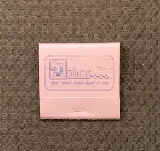 Vintage Matchbook, Amos Restaurant, Jacksonville, Florida, Seafood, with 30 Match Sticks, Free Ship in Usa