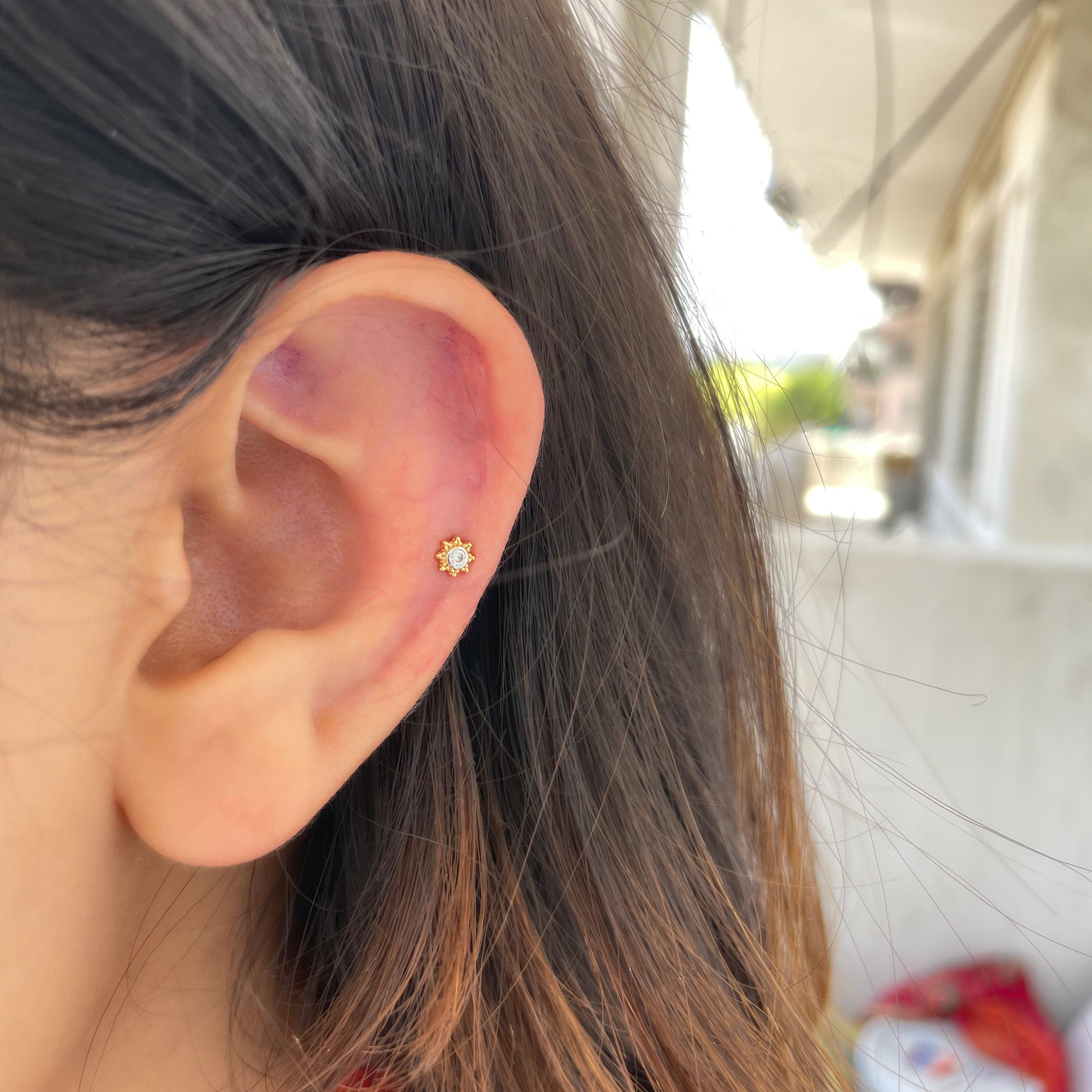 Bezel Diamond Earrings, Tragus Earring, Minimalist Gold Beaded Helix Piercing Earring