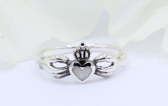Crown Heart Shaped Lab White Opal Claddagh Ring Irish Promise Petite Dainty Solid 925 Sterling Silver Band Choose Your Stone