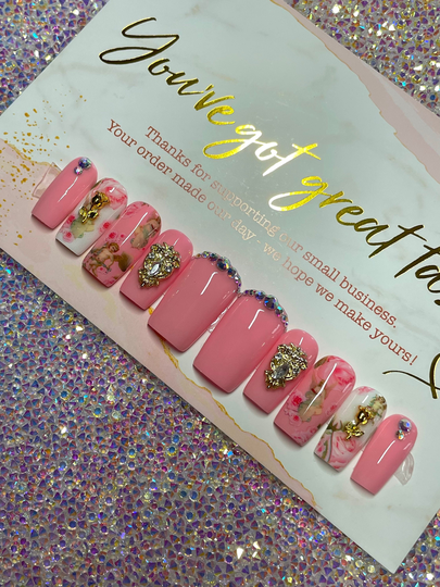 Spring Nails | Press On Fake Nails Pink & White Cherub