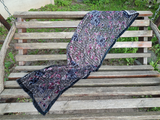 80S Vintage Large Gray Women's Shawl/Scarf With Pink Velour Floral Inserts. Long Retro Gift For Mom