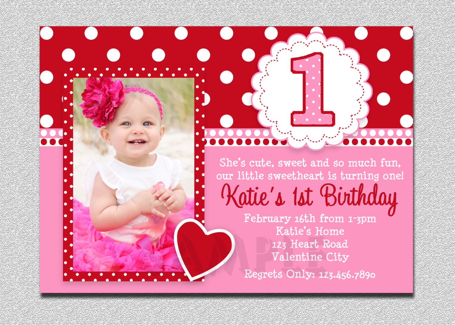 Valentines Birthday Invitation, 1st Party Pink & Red Valentine Invitation