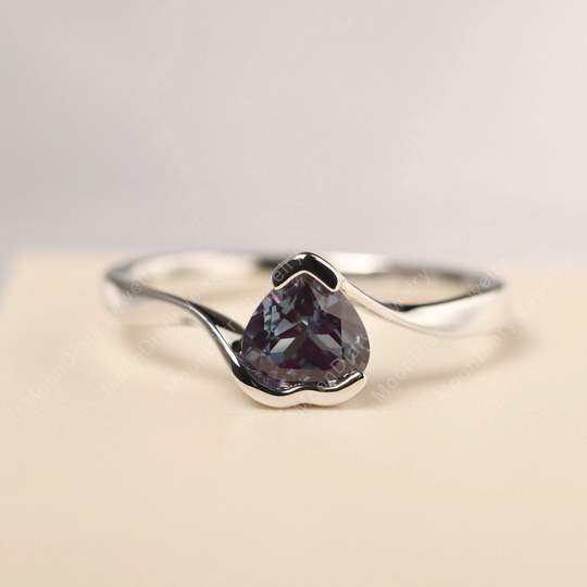 Half Bezel Set Heart Cut Alexandrite Engagement Ring Solid Sterling Silver Solitaire