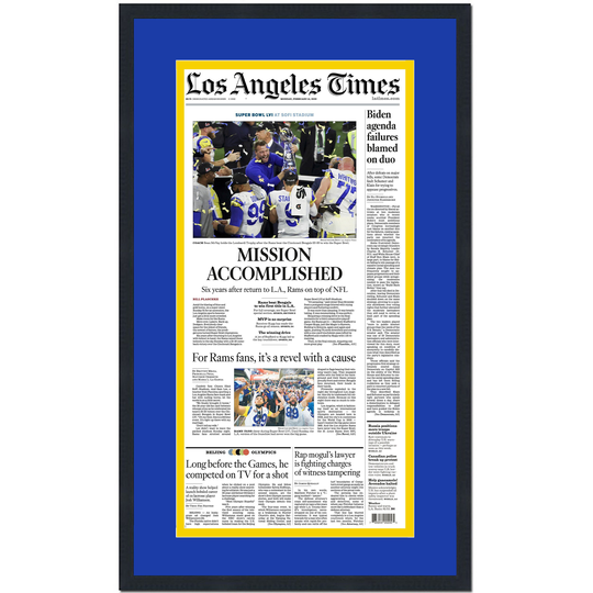 Framed Los Angeles Times La Rams Mission Accomplished Super Bowl Lvi 56 Champions 14x24 Football Newspaper Cover Photo Professionally Matted