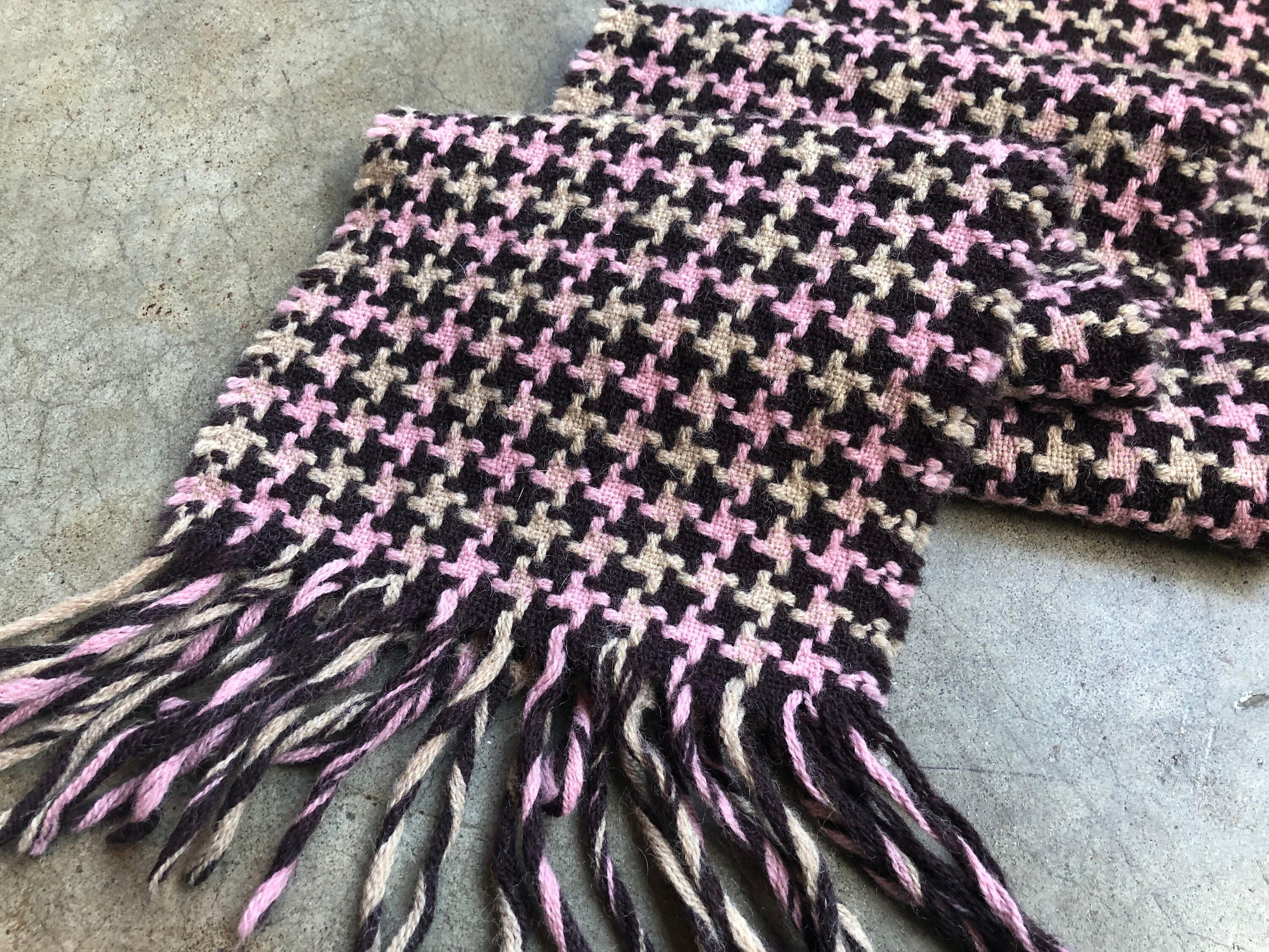 Vintage Italian Woven Lambswool Blend Tweed Check Houndstooth Wool Muffler Neck Scarf Plaid Brown Beige Light Pink Italy 1970S 1980S