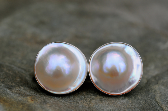 Magnificent South Sea White Mabe Pearl Post Earrings With Omega Clips