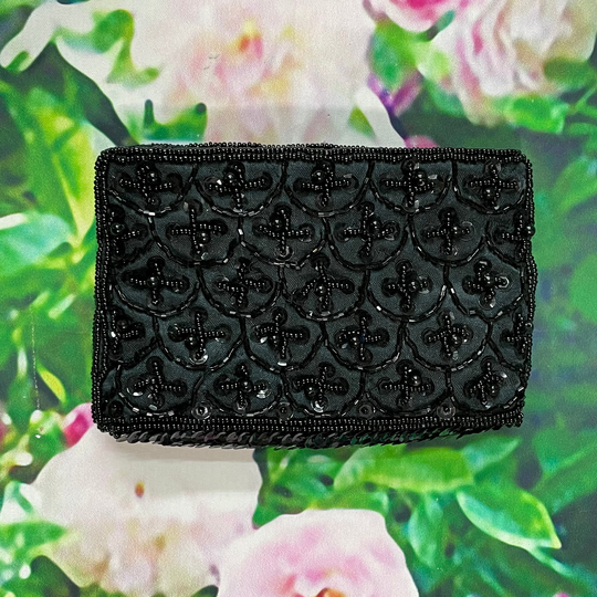 80S Magid Black Beaded Satin Clutch Zipper Top Purse