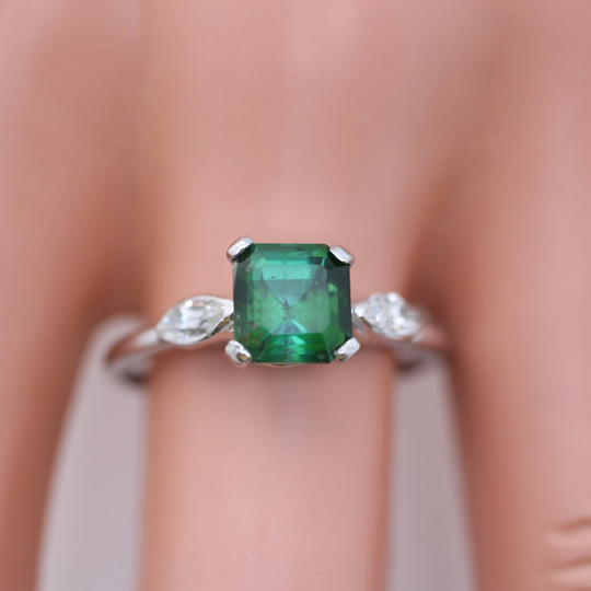Estate Palladium Green Tourmaline Diamond Ring Sz 9