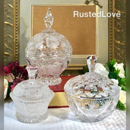 3 Vintage Crystal Dishes with Lids Candy/Trinket Dishes, Jewelry Bowls Rustedloveco
