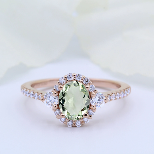 All Natural Genuine Oval 1.21 Carat Green Amethyst 14K Gold Round 0.47Ct Natural Diamond Vintage Art Deco Wedding Engagement Bridal Ring