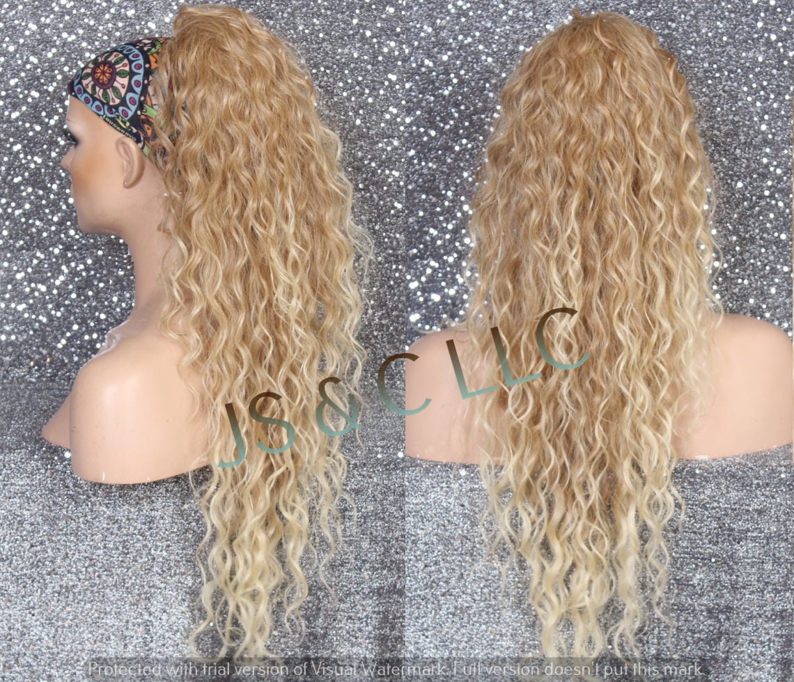 strawberry Blonde Mix Human Hair Blend Ponytail Piece Drawstring Ex Long Wavy Simply Put It On & Go Can Be Wrapped Around As A Bum