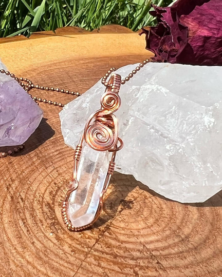 Clear Quartz Crystal Necklace Wire Wrapped On Copper Ball Chain, Large Point Pendant, Energy Healing Stone, Long Boho Chakra