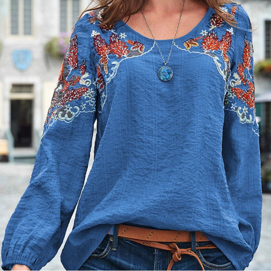 Long Sleeve Cotton-Blend Crew Neck Plain Tops - Blue, L