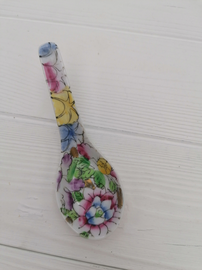 Porcelain Chinese Rice Noodle Soup Spoon, Floral Pattern Asian Rare Collectible Spoon, Thousand Flowers Spoon