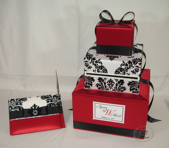 Red With Black & White Damask Card Box Matching Guest Book