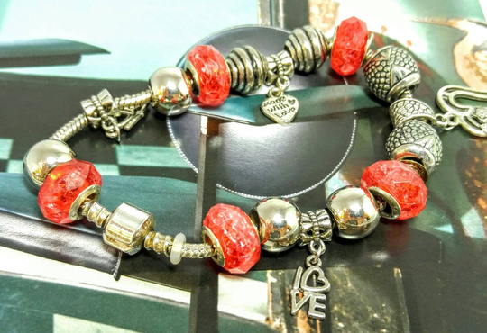 sterling Silver Charm Bracelet Birthday Gift Red Acrylic Bead Bracelets For Women