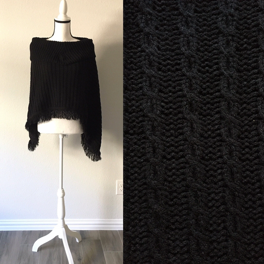 1990S Black Cable Knit Poncho, Vintage Fringed Cowl Neck Shawl
