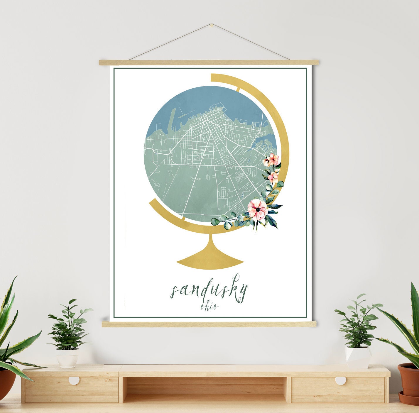 Sandusky Ohio Globe Street Map | Hanging Canvas Of Printed Marketplace