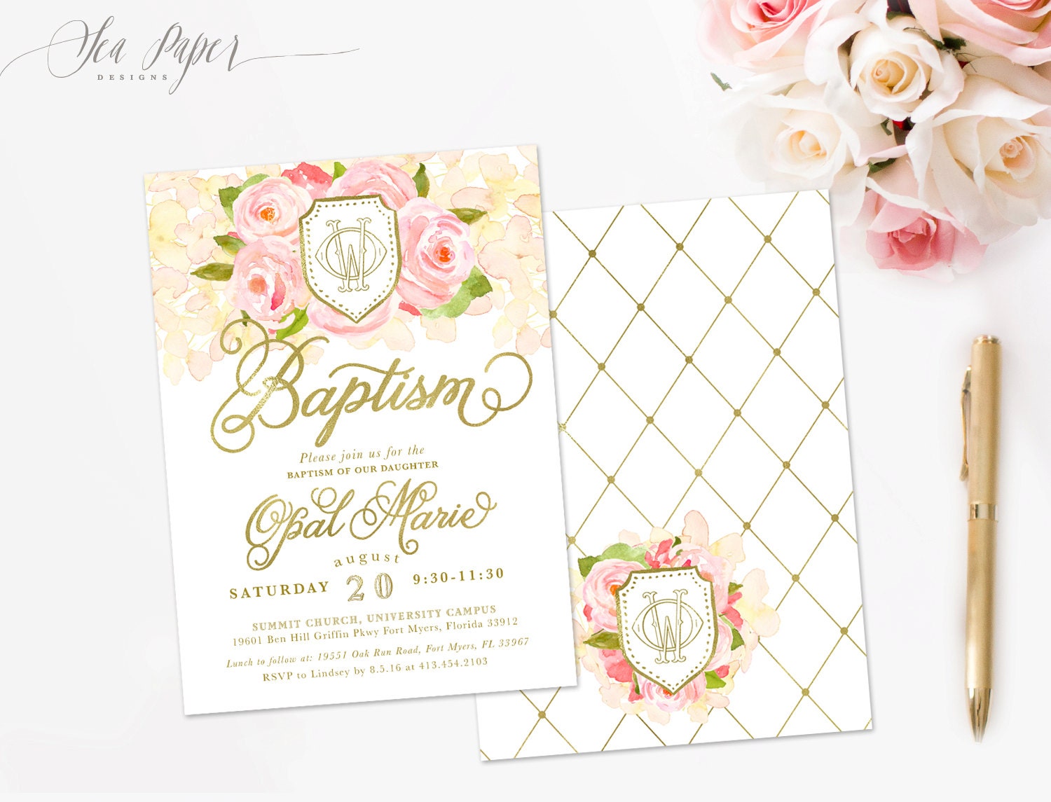 Opal Girl Baptism Invitation Garden Pink Roses, White Peach Hydrangeas, Gold Monogram Crest Invite, Baby Or Child, Digital Printed