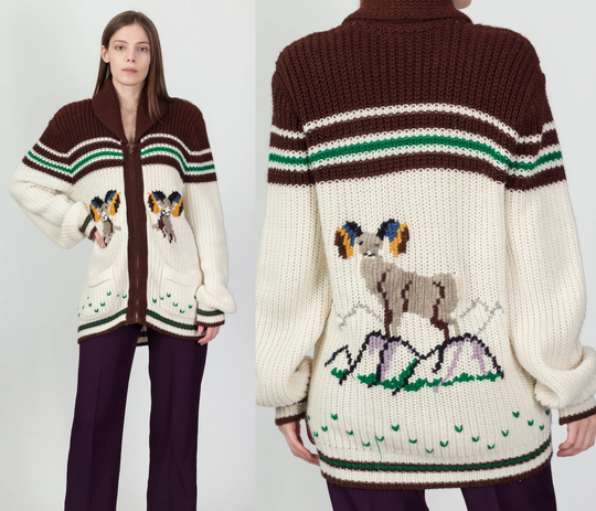 70S Ram Cowichan Cardigan - Men's Medium, Women's Large To Xl | Vintage Unisex Novelty Zip Up Chunky Knit Shawl Collar Sweater