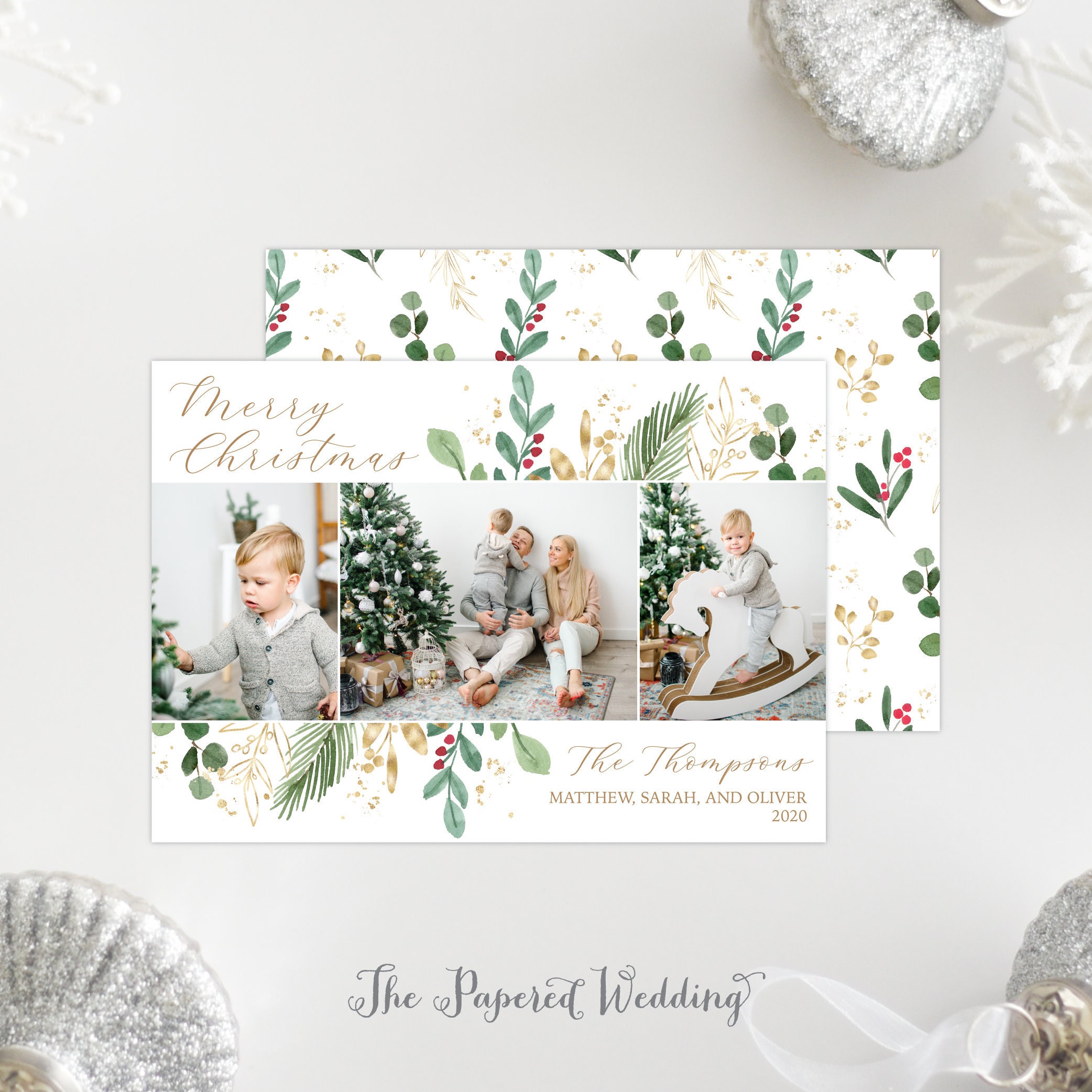Printable Or Printed Photo Holiday Cards With Three Pictures & Green, Red, Gold Christmas Greenery - Picture Collage 122 P3