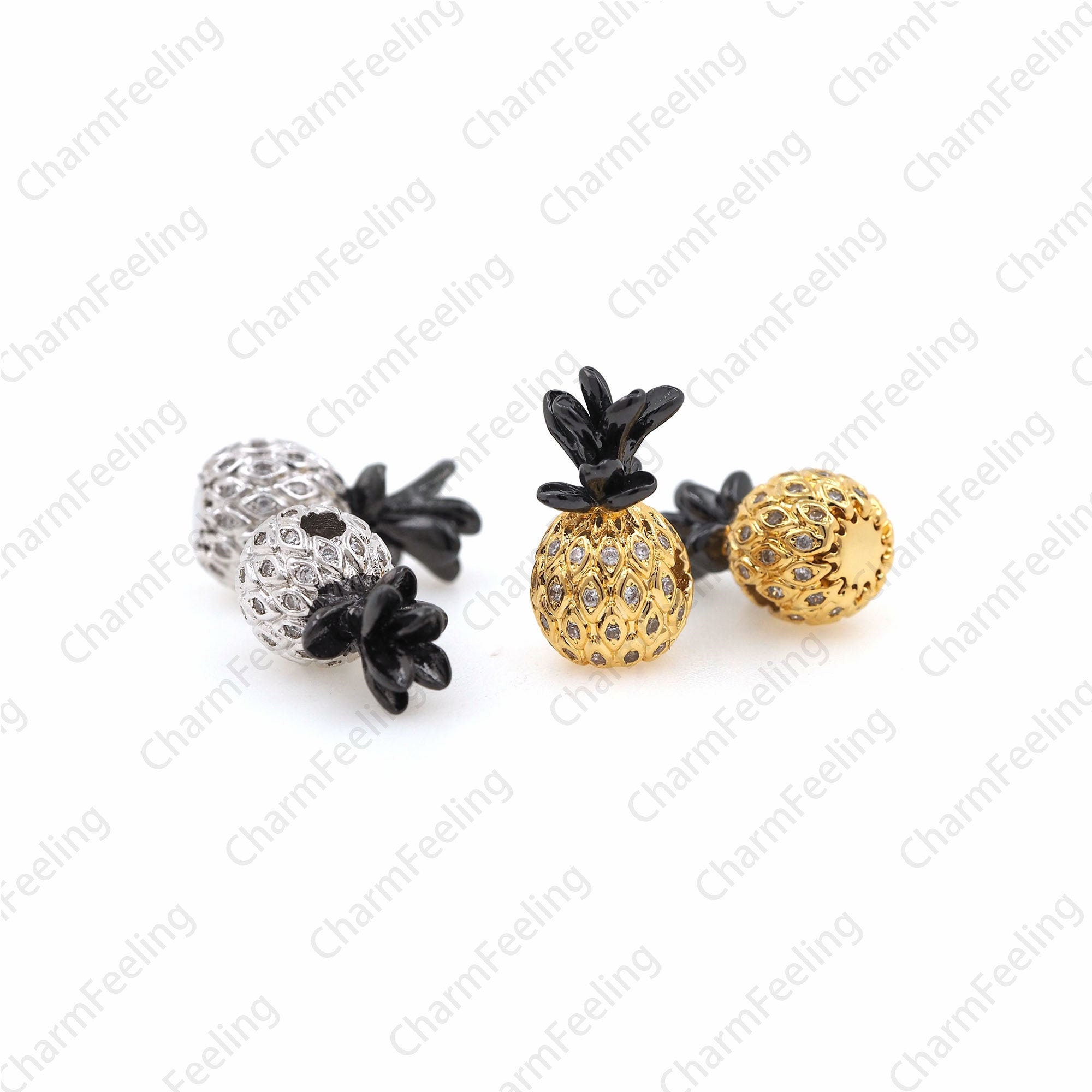 Cz Pineapple Space Beads, Golded Slider Beads, Pineapple Charmsfruit Charm 17.3 9, 4mm 1Pcs