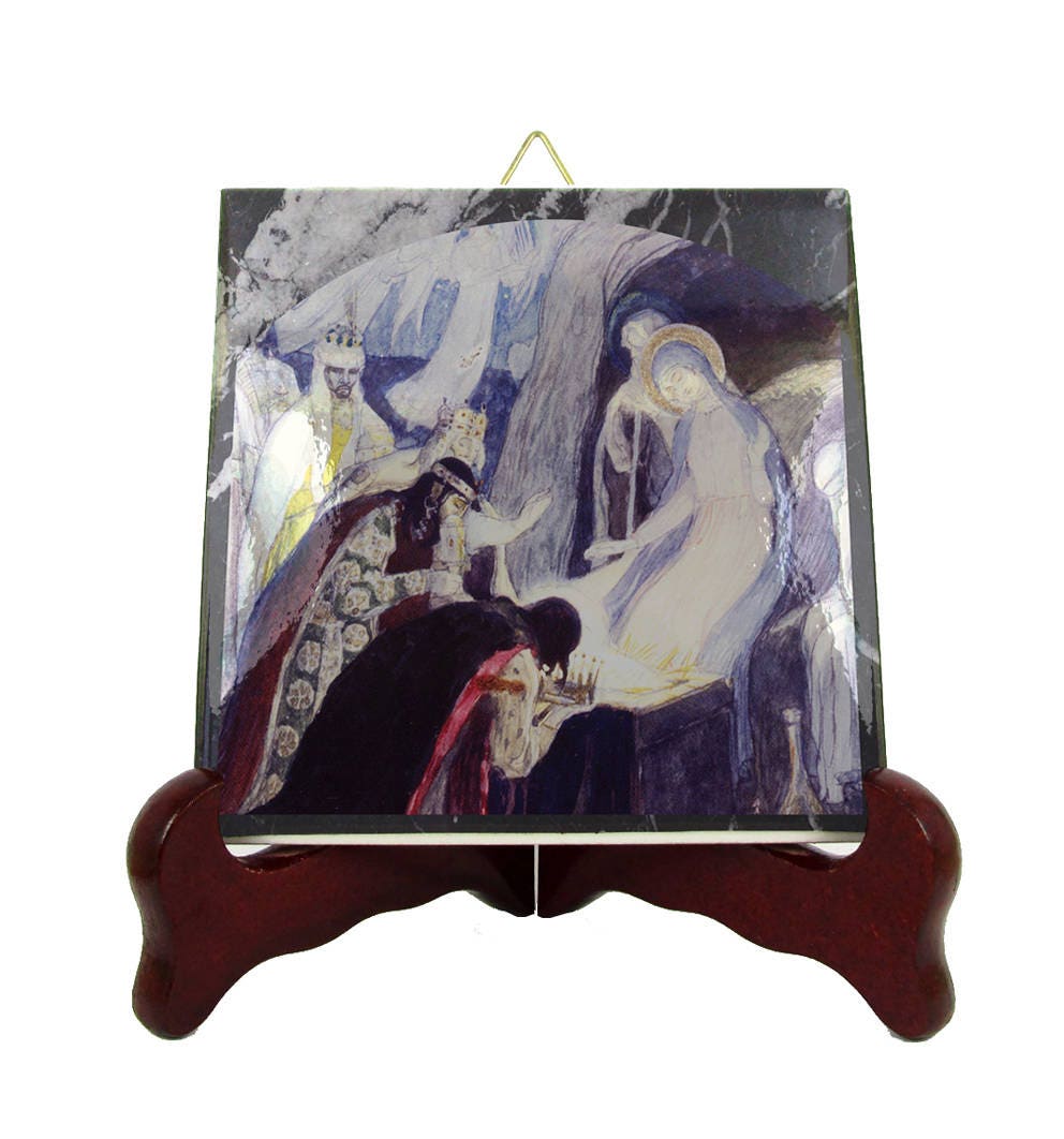 Christian Gifts - The Adoration Of The Kings Christian Icon On Tile Handmade in Italy Nesterov Nativity Jesus