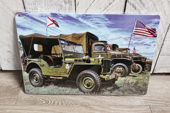 Military Vehicles & American Flag Tin Sign