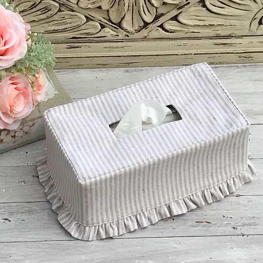 Tan & Natural Stripe Linen/Cotton Blend Ruffle Rectangle Tissue Box Cover