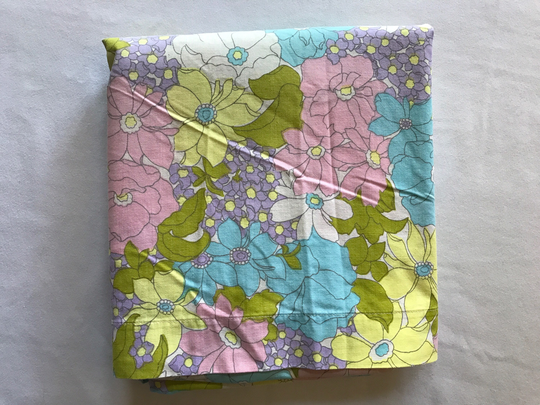 Purple Blue Pink Flower Power Double Full Top Flat Sheet Retro Linens Bedding Floral